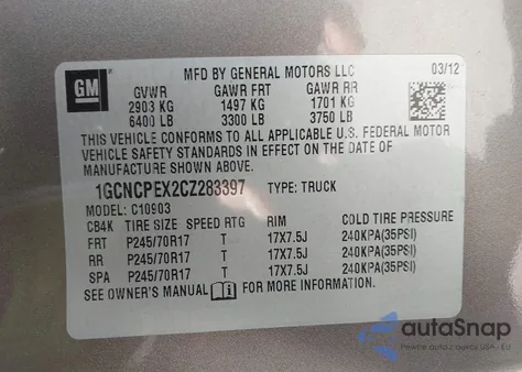 2012 Chevrolet Silverado 1500 Work Truck z USA, uszkodzony, nr VIN 1GCNCPEX2CZ283397